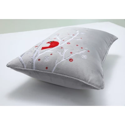 11.5"x18.5" Velvet Christmas Cardinal Lumbar Throw Pillow Gray - Pillow Perfect 2 11.5"x18.5" Velvet Christmas Cardinal Lumbar Throw Pillow Gray - Pillow Perfect - Image 2