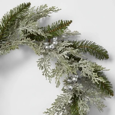 22" Glittered Cedar Artificial Christmas Wreath With Metallic Silver Berries - Wondershop™ 1 22" Glittered Cedar Artificial Christmas Wreath With Metallic Silver Berries - Wondershop™