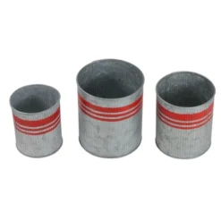 Allstate Floral Set Of 3 Gray And Red Tin With Stripes Christmas Planters 6.25"