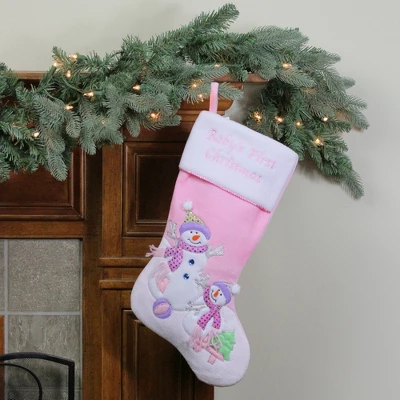 Northlight 21" Light Pink Baby's First Christmas Velveteen Snowmen Christmas Stocking 1 Northlight 21" Light Pink Baby's First Christmas Velveteen Snowmen Christmas Stocking