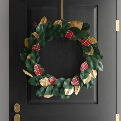 28" Mixed Leaves Artificial Christmas Wreath Green/Plaid/Gold - Wondershop™ 1 28" Mixed Leaves Artificial Christmas Wreath Green/Plaid/Gold - Wondershop™