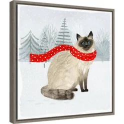 16" X 16" Christmas Cats And Dogs III By Victoria Borges Framed Canvas Wall Art - Amanti Art
