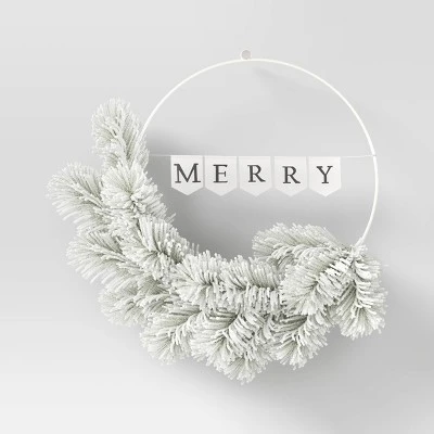 20" Battery Operated Lit Flocked Mixed Greenery On 'Merry' Metal Hoop Artificial Christmas Wreath White - Wondershop™ 2 20" Battery Operated Lit Flocked Mixed Greenery On 'Merry' Metal Hoop Artificial Christmas Wreath White - Wondershop™ - Image 2