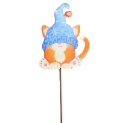 Christmas Pet Cat Gnome - One Yard Decoration 29.25 Inches - Winter Knit Hat - C22058 - Metal - Orange