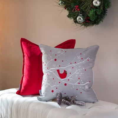 17"x17" Velvet Christmas Cardinal Square Throw Pillow Cover Gray - Pillow Perfect 3 17"x17" Velvet Christmas Cardinal Square Throw Pillow Cover Gray - Pillow Perfect - Image 3