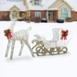 National Tree Company Prelit 48" White & Gold Sisal Reindeer And 24" Sleigh Outdoor Christmas Holiday Yard Decoration With 140 Cool White LED Lights