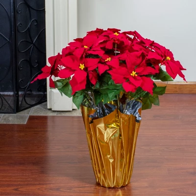 Northlight 28" Red Artificial Christmas Poinsettia With Gold Wrapped Pot 2 Northlight 28" Red Artificial Christmas Poinsettia With Gold Wrapped Pot - Image 2