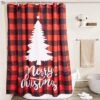 Juvale Red Buffalo Plaid Merry Christmas Tree Bath Shower Curtain Set Polyester With 12 Hooks For Bathroom Decor 70"x71"