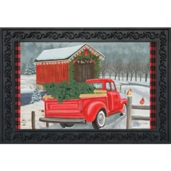 Christmas Decorations 7 Briarwood Lane Festive Covered Bridge Christmas Doormat Red Pickup Truck Indoor Outdoor 30" X 18"