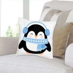 Big Dot Of Happiness Winter Penguins - Holiday And Christmas Party Home Decorative Canvas Cushion Case - Throw Pillow Cover - 16 X 16 Inches
