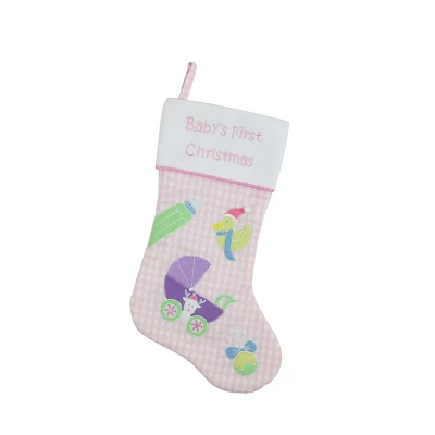 Northlight 18.5" Pink And White "Baby's First Christmas" Embroidered Stocking 1 Northlight 18.5" Pink And White "Baby's First Christmas" Embroidered Stocking