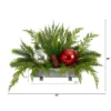 Nearly Natural 18-in Holiday Winter Cedar Pine Artificial Table Christmas Arrangement With Ornaments, Home Décor