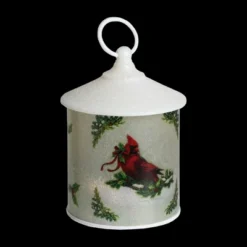 Roman 7.5” Battery Operated LED Resting Cardinal Scene Christmas Lantern - White/Green