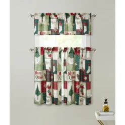 Kate Aurora Holiday Living Complete Classic Merry Christmas 3 Pc Kitchen Curtain Tier And Valance Set - 56 In. W X 36 In. L