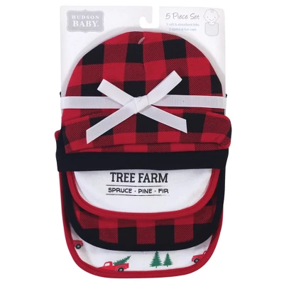 Hudson Baby Infant Boy Cotton Bib And Caps Set 5pk, Christmas Tree Farm, One Size 1 Hudson Baby Infant Boy Cotton Bib And Caps Set 5pk, Christmas Tree Farm, One Size