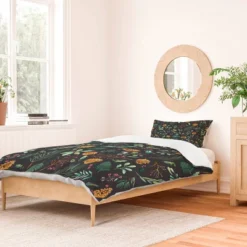 Deny Designs Ninola Design Christmas Botanical Charcoal Duvet Cover Set Gray