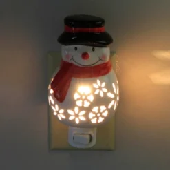 Christmas Snowman Nightlight. - One Night Light 5.75 Inches - Snowflakes Red Scarf - Mx179571 - Ceramic - White