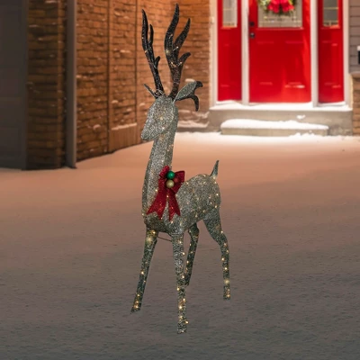 Northlight 74" LED Lighted Champagne Deer With Red Bow Outdoor Christmas Decoration 1 Northlight 74" LED Lighted Champagne Deer With Red Bow Outdoor Christmas Decoration