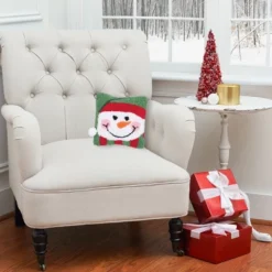 C&F Home 8" X 8" Happy Snowman Hooked Petite Christmas Holiday Throw Pillow
