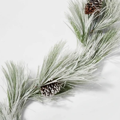 9' Battery Operated Pre-Lit Flocked Long Needle Artificial Pine Christmas Garland Warm White LED Lights - Wondershop™ 1 9' Battery Operated Pre-Lit Flocked Long Needle Artificial Pine Christmas Garland Warm White LED Lights - Wondershop™