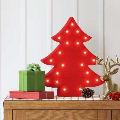 12" Battery Operated Lit Wood Christmas Tree Figurine - Wondershop™ Red 1 12" Battery Operated Lit Wood Christmas Tree Figurine - Wondershop™ Red